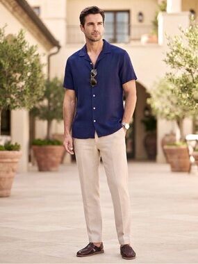 NWT Porter & Ash Navy Blue Linen Blend Camp Shirt XL Short Sleeve